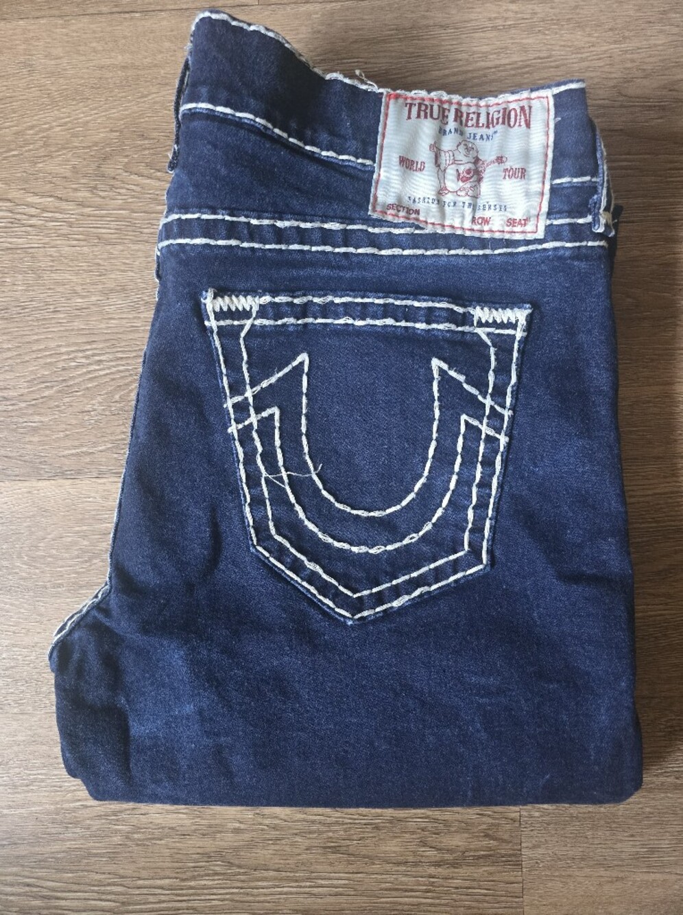 True Religion Men's Navy Blue Denim Jeans with White Contrast Stitching